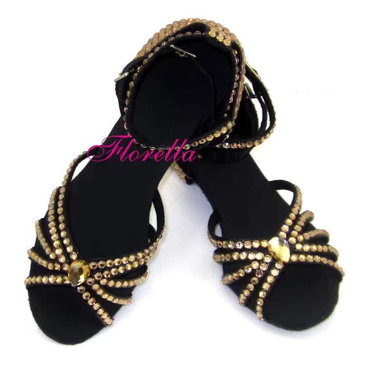 儿童拉丁舞鞋镶钻女童少儿拉丁舞鞋缎面粘钻演