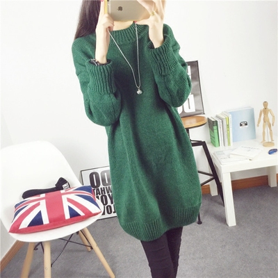高领毛衣女套头外套中长款宽松加厚大码毛衣裙