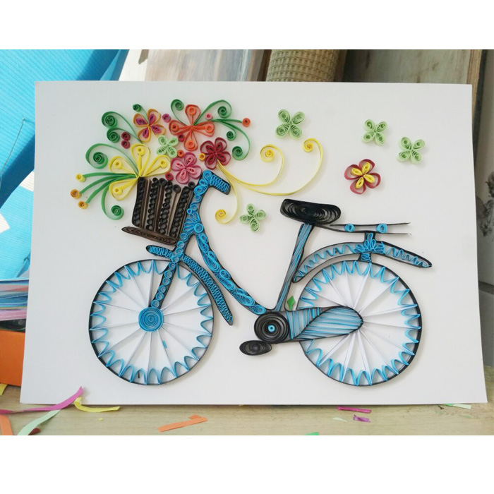 成品衍纸画立体装饰画纯手工拼贴制作流行艺术可爱载花单车自行车