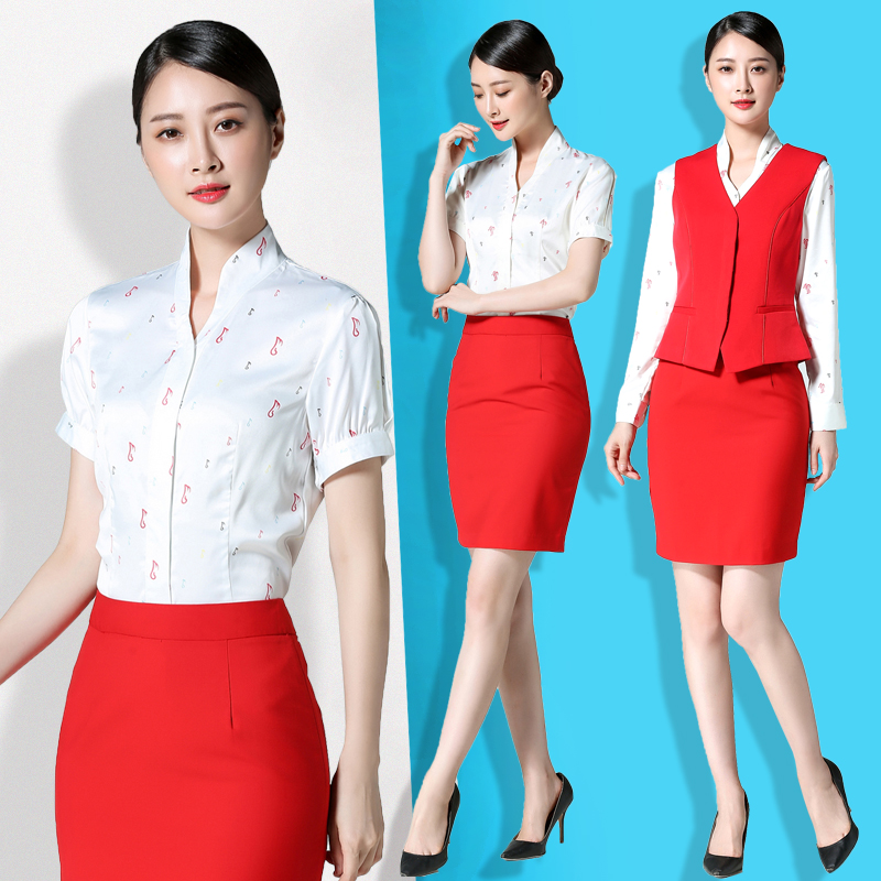 夏季深航大红衬衫马甲裙子套装深圳航空空姐服银行美容院工作制服