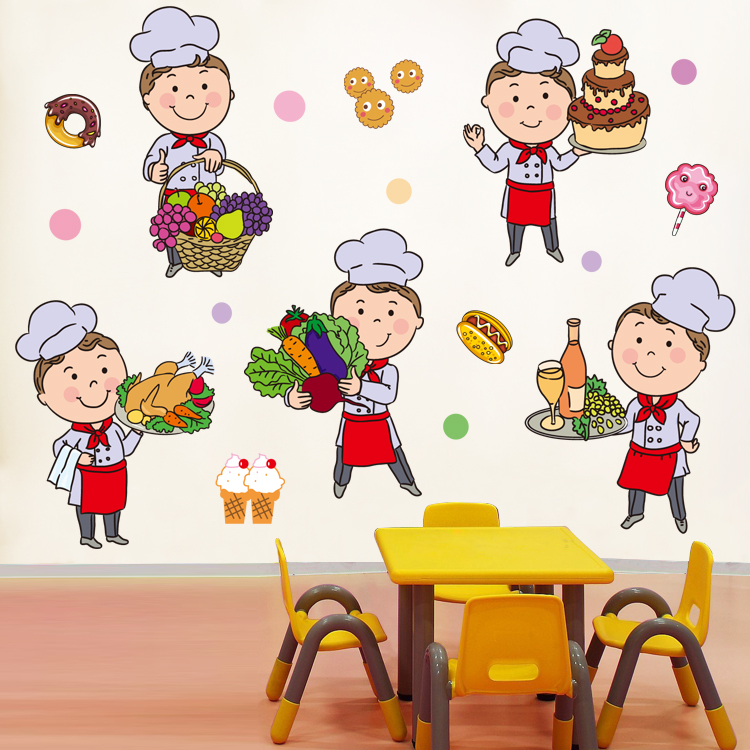 幼儿园小学学校儿童餐厅墙面装饰墙贴卡通厨师爱劳动动手贴纸贴画