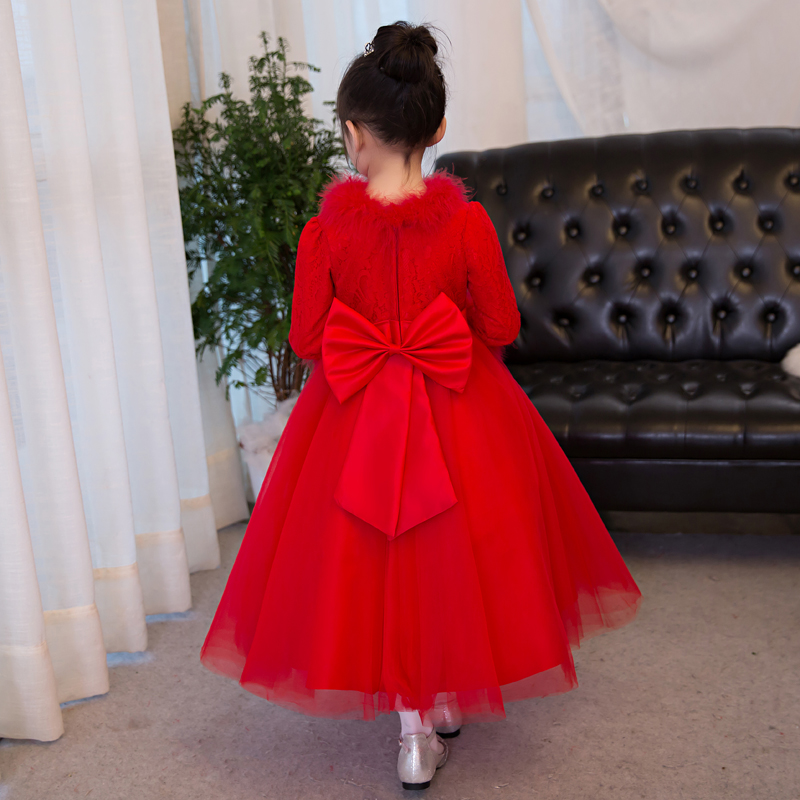 儿童婚纱公主裙秋冬季花童生日晚礼服大童女童加棉加绒演出服红色