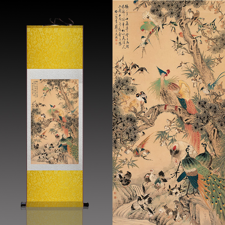 百鸟朝凤 花鸟画国画字画卷轴爆款字画丝绸卷轴画酒店办公室挂画