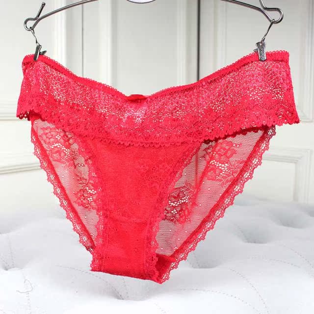 新品英国单3色红色粉色白色柔软透明性感大尺码女蕾丝内裤三角裤
