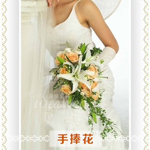 香槟色手捧花球香槟玫瑰绿豆百合鲜花新娘手捧花宁波原创婚礼定制