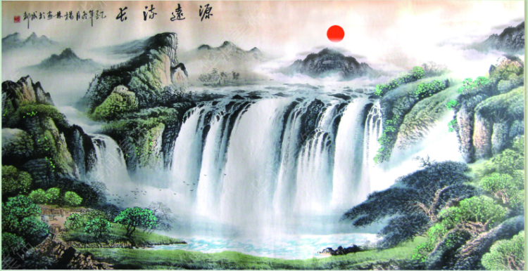 客厅风景山水画风水靠山办公室字画横版装饰画画芯聚宝盆源远流长