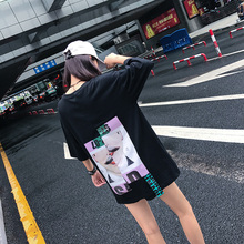 上衣 短袖 原宿风个性 T恤女BF风学生宽松大码 印花中长款 2017韩版