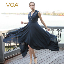 VOA41姆米藏青西装领刺绣盖袖中腰燕尾重磅品牌真丝连衣裙A7577图片