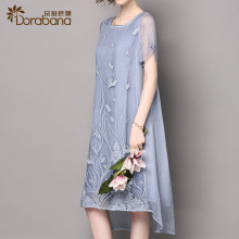 真丝刺绣连衣裙女2017夏季新款朵拉芭娜圆领短袖优雅大摆裙中长款图片