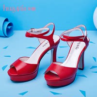 华耐女鞋夏季新款红色高跟鞋优雅细跟漆皮鞋女