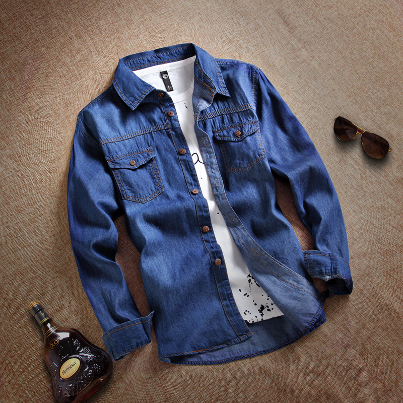 夏季男士纯棉长袖牛仔衬衫潮男薄款衣服韩版休