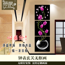 饰画竖版艺术挂钟 无框画挂钟三联画钟表创意艺术时针客厅玄关装