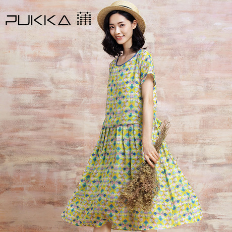 Pukka/蒲牌夏装新款原创设计大码女装褶皱印花苎麻短袖连衣裙商品大图