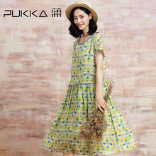 Pukka/蒲牌夏装新款原创设计大码女装褶皱印花苎麻短袖连衣裙图片