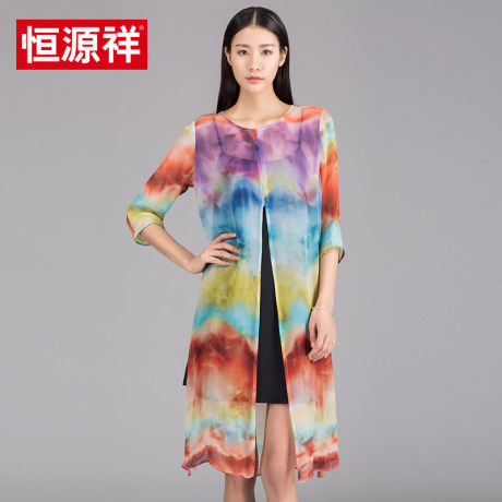 恒源祥夏季新款真丝连衣裙女两件套七分袖印花大码宽松中长裙商品大图