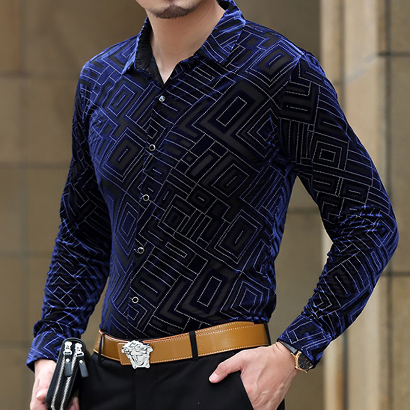 蓝色剑鱼 春装新款镂空长袖衬衫中年男子休闲