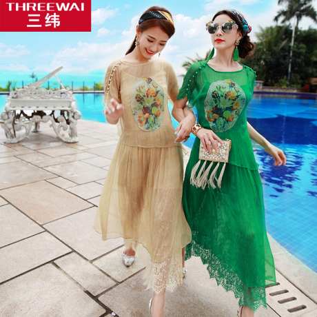 三纬2017夏季新款两件套波西米亚度假真丝连衣裙女印花修身长裙子商品大图