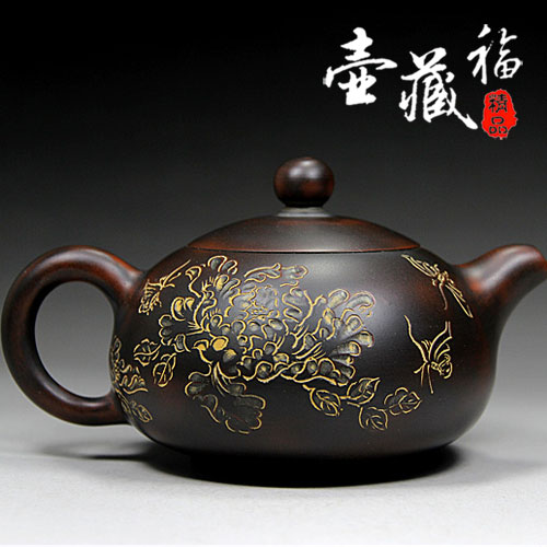 花开富贵 钦州坭兴陶茶壶 泥兴陶 名家全手工雕刻 紫泥壶紫砂工艺