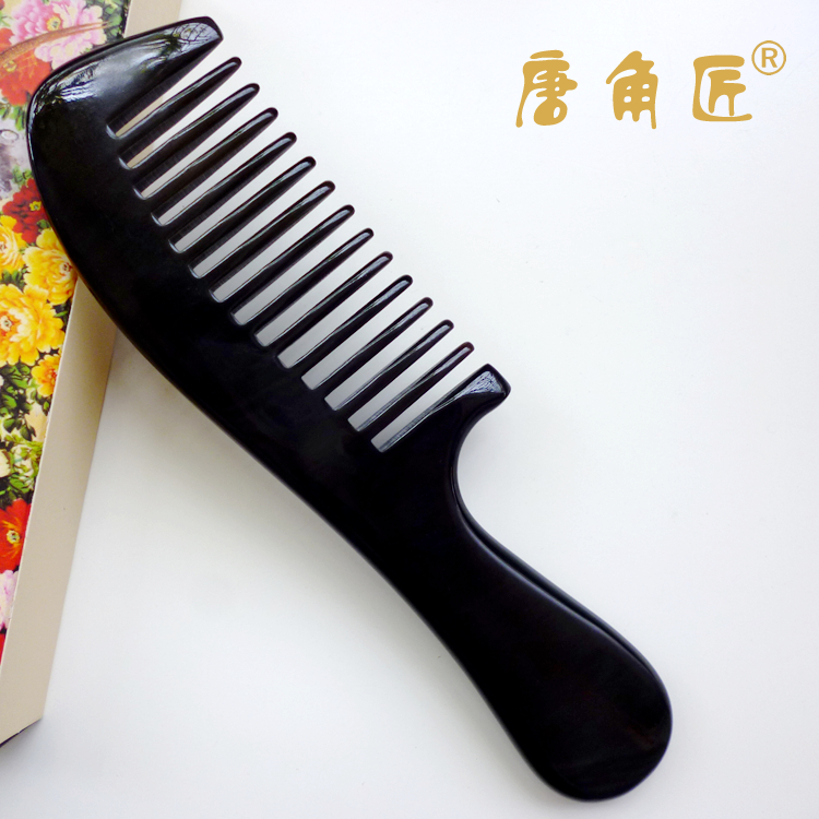 天然正品黑水牛角大号手柄宽齿梳 带手柄卷发梳子 防脱发按摩粗齿