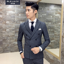 英伦男结婚礼服秋季 修身 男士 休闲小西装 三件套韩版 双排扣西服套装