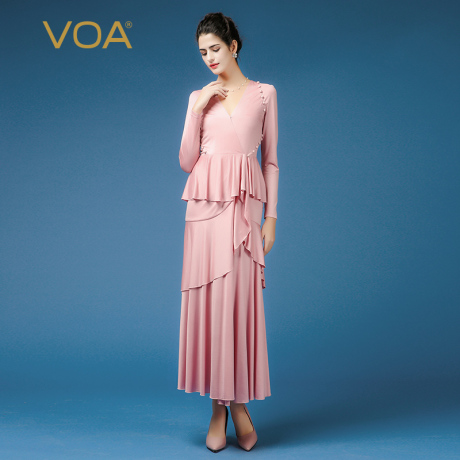 VOA 粉色V领长袖100%真丝针织弹力荷叶边长款礼服连衣裙A7321商品大图