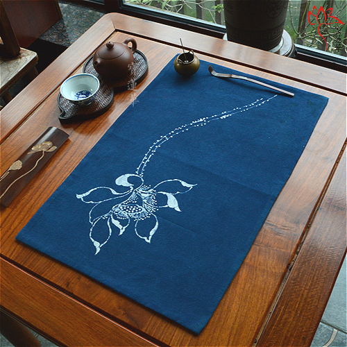纯天然植物板蓝根染色布席 瑶族蜡染茶席香道席茶布垫 桌旗土布垫