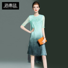海青蓝2017夏季新款简约时尚绣花真丝圆领不规则气质女连衣裙1183图片
