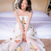 白色/长袖圆领蝴蝶花刺绣花网纱波西米亚夏仙女连衣裙超长裙长款