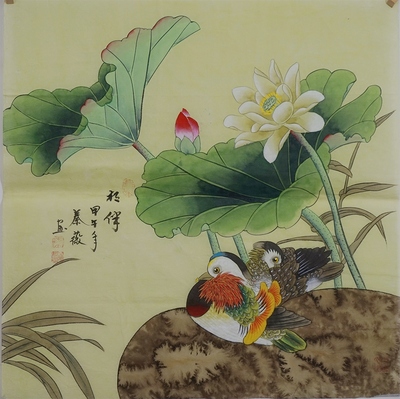 斗方工笔画国画《相伴》鸳鸯荷花装饰画秦薇字画1094手绘荷花特价