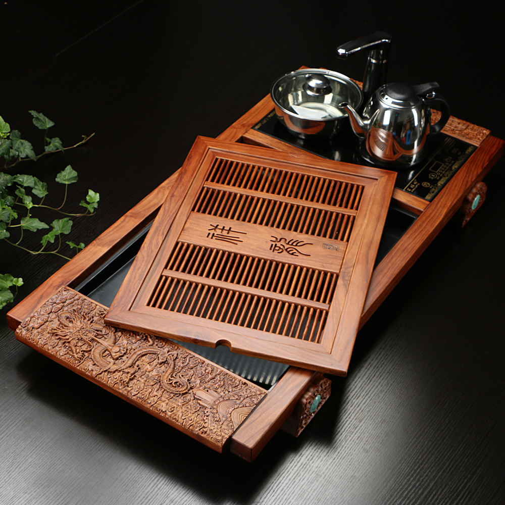 冠艺红花梨木茶盘四合一电磁炉红木木材原木托盘功夫茶海特价茶具