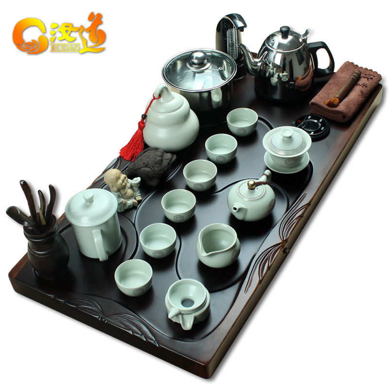 汝道汝窑茶壶茶具套装陶瓷功夫茶具家用黑檀木茶盘四合一整套特价