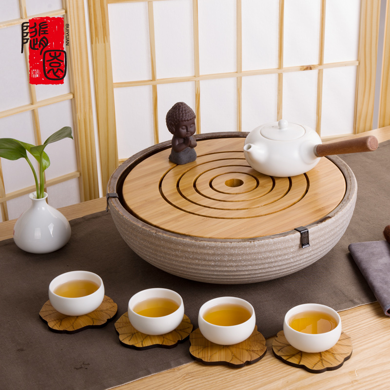 随园日式粗陶圆形茶盘陶瓷竹制储水大号茶海家用干泡迷你功夫茶具