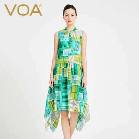 VOA 蓝绿长条印花无袖单排扣开领燕尾式真丝连衣裙中款A6801商品大图