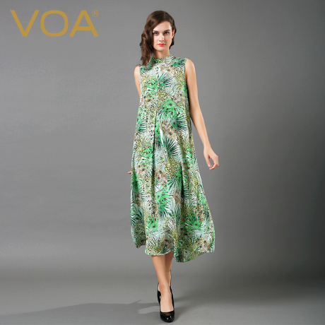 VOA 白底黄绿植物花卉半高领无袖A形倒褶宽松腰长真丝连衣裙A6573商品大图
