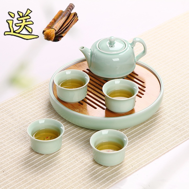 臻艺茶具套装特价陶瓷日式冰裂功夫茶具整套青瓷圆形竹制茶盘家用