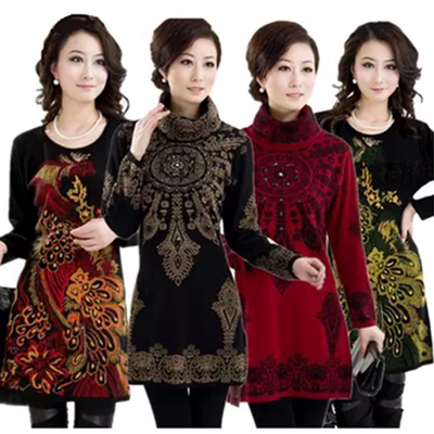 中老年女装秋冬大码毛衣妈妈中长款加绒加厚连