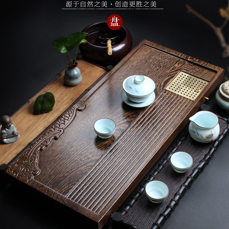 相邦茶具 鸡翅木茶盘整块实木功夫茶具单层檀木茶海干泡茶台带铜