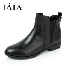 他她秋季牛皮女短靴圆头方跟套筒短靴2I254CD6 Tata 清仓