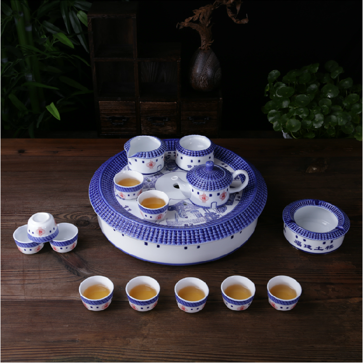 陶瓷茶具套装福建永定土楼特色双层圆形蓄水茶盘茶壶茶杯特价包邮