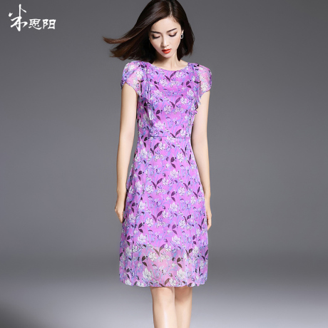 【清仓】米思阳琼秀印花连衣裙夏季短袖圆领修身碎花裙女真丝中裙商品大图