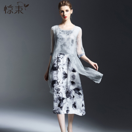 惊束夏季女装桑蚕丝复古真丝长裙水墨画印花中国风中长款连衣裙女商品大图