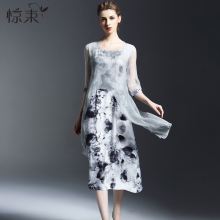 惊束夏季女装桑蚕丝复古真丝长裙水墨画印花中国风中长款连衣裙女图片