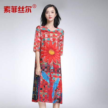 索菲丝尔真丝连衣裙女2017夏新款桑蚕丝高端宽松显瘦印花中长款商品大图