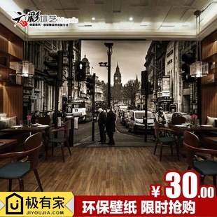 复古黑白英伦大型壁画立体3d欧式风景街角壁纸影视电视背景墙纸