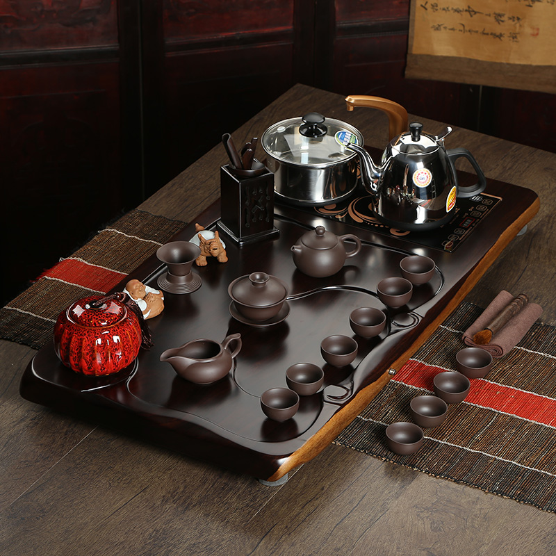 黑檀实木金灶电磁炉茶盘 整块板檀木茶台功夫紫砂汝窑茶具套装