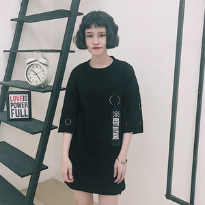 女潮韩版原宿风个性铁环BF中长款宽松七分袖t恤上衣春夏女装新品