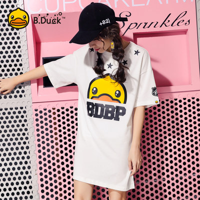 B.Duck小黄鸭女装2017夏新款时尚印花中长款短袖T恤上衣打底衫潮