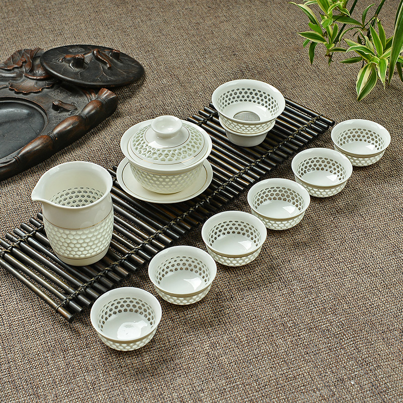 特价陶瓷蜂巢玲珑瓷功夫茶具整套镂空青花茶杯不漏水镂空水晶盖碗