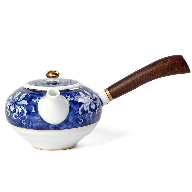 精品景德镇青花瓷黑檀侧把茶壶陶瓷功夫茶具泡茶器带过滤单壶大号