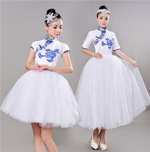 新款青花瓷大合唱演出服装女款长裙舞台古典表